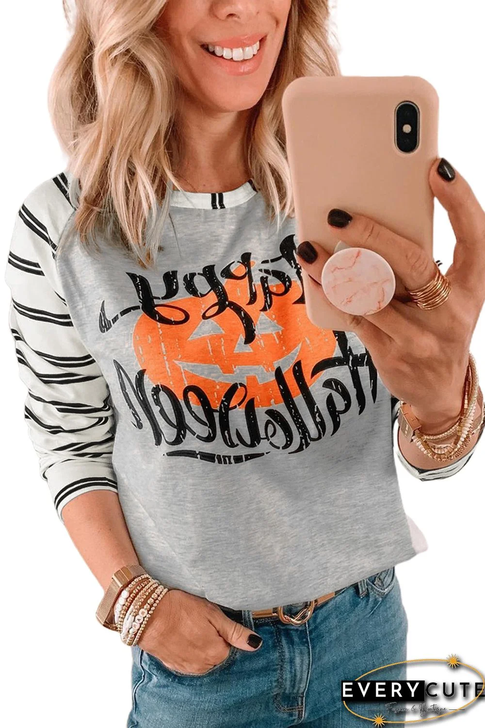 Letter Striped Pumpkin Print Halloween Long Sleeve Blouse