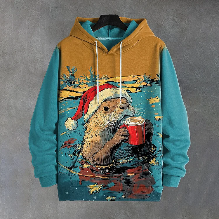 Men's Christmas Otter Drinking Coffee In The Water Japanese Art Print Hooded Sweatshirt