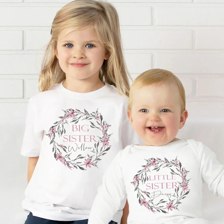 BlanketCute-Personalized Girls Floral Wreath Siblings Family Cotton Casual T-shirt | 77