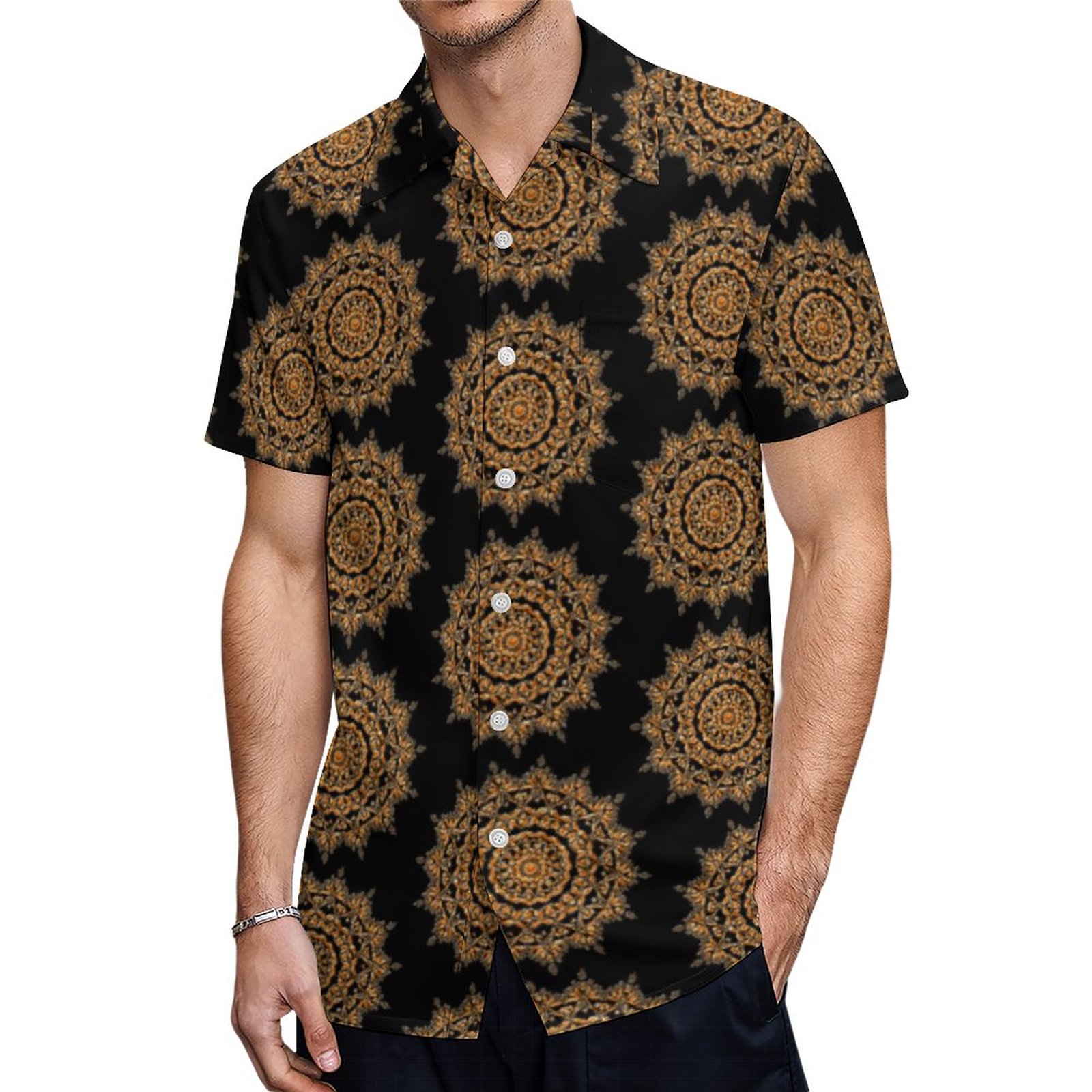 Mandala Pattern Black Gold Elegant Hawaiian Shirt Mens Button Down Plus Size Tropical Hawaii Beach Shirts