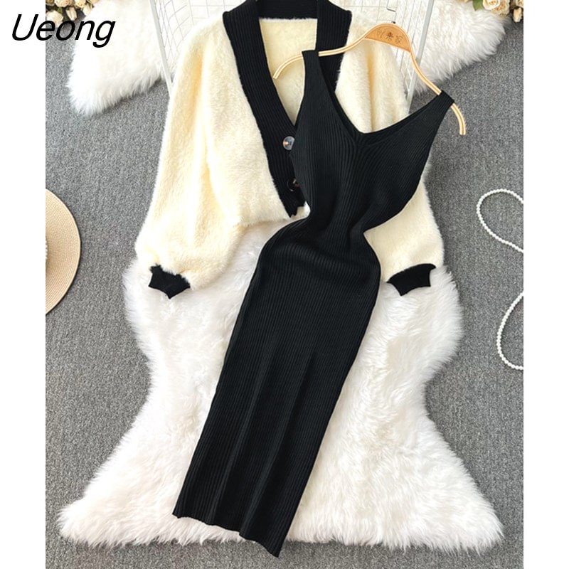 Ueong Color Knitted Women Sets Loose Long Sleeves Cardigan Sweater+ Solid Elastic Dress French Style Casual Two Piece Set