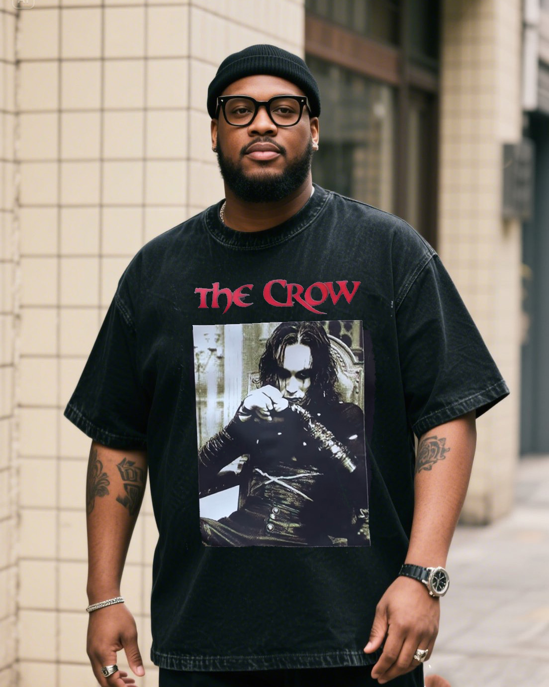 Plus Size Men's Crow Figure Creative English Printed Denim Short Sleeve T-Shirt