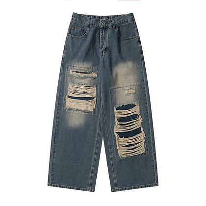 Nautinvest High Street Retro Ripped Women's Jeans Y2K American Style Loose Washed Straight Leg Wide Leg Pants Couple Pocket Mopping Pants
