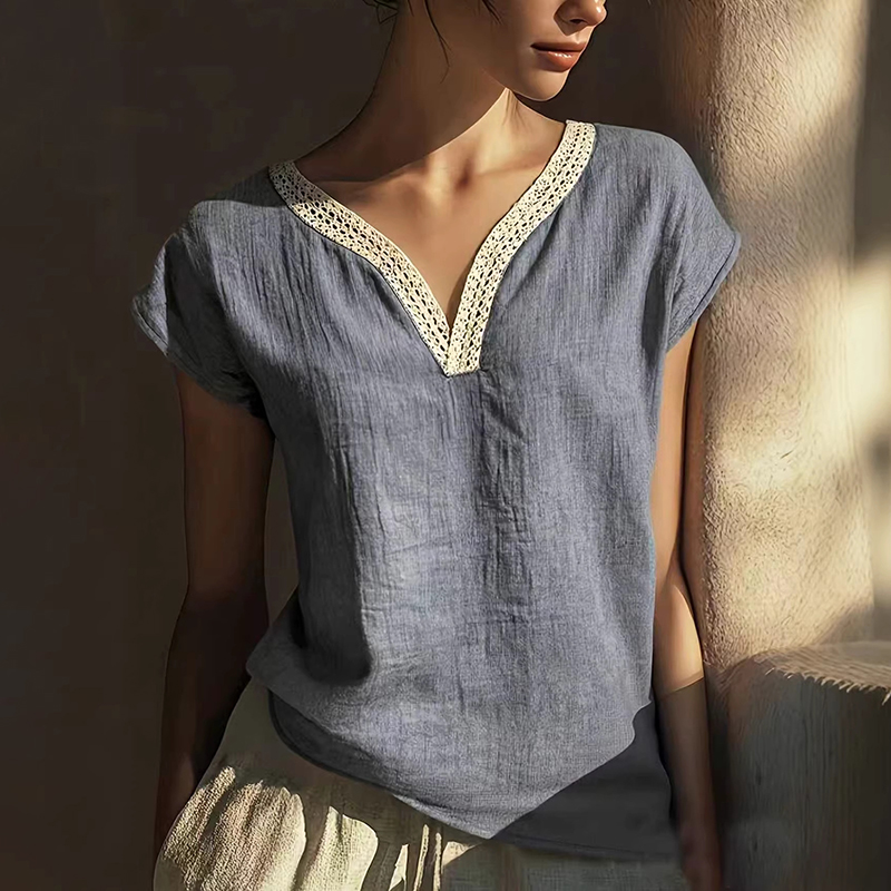 Comstylish Boho Vintage Lace V-neck Cotton Blend Shirt