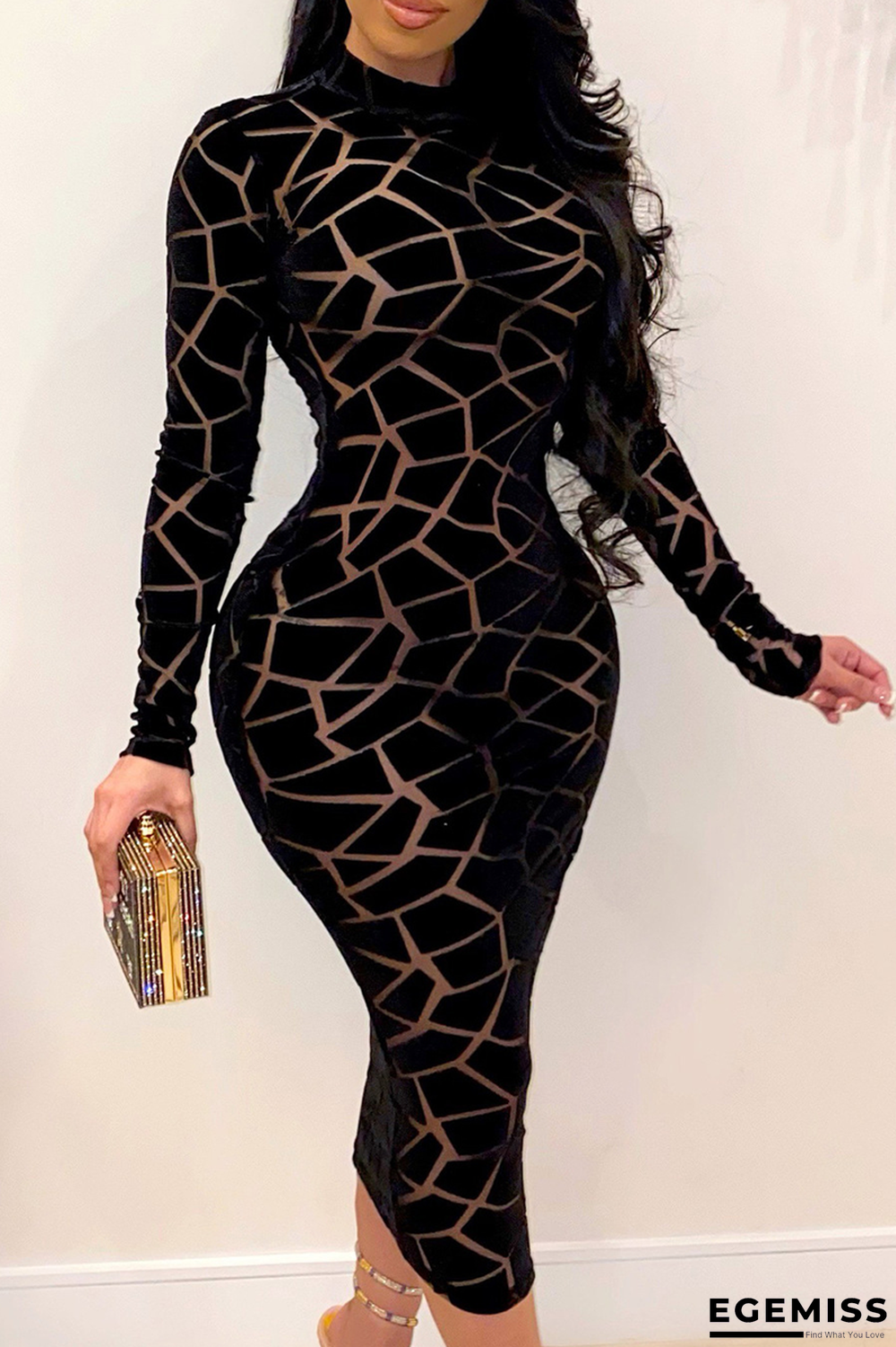 Black Sexy Print Patchwork Half A Turtleneck Pencil Skirt Dresses | EGEMISS