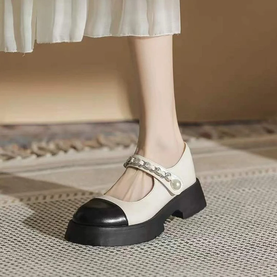 Vegan Leather Round Toe Chain Strap Mary Janes in Black & White
