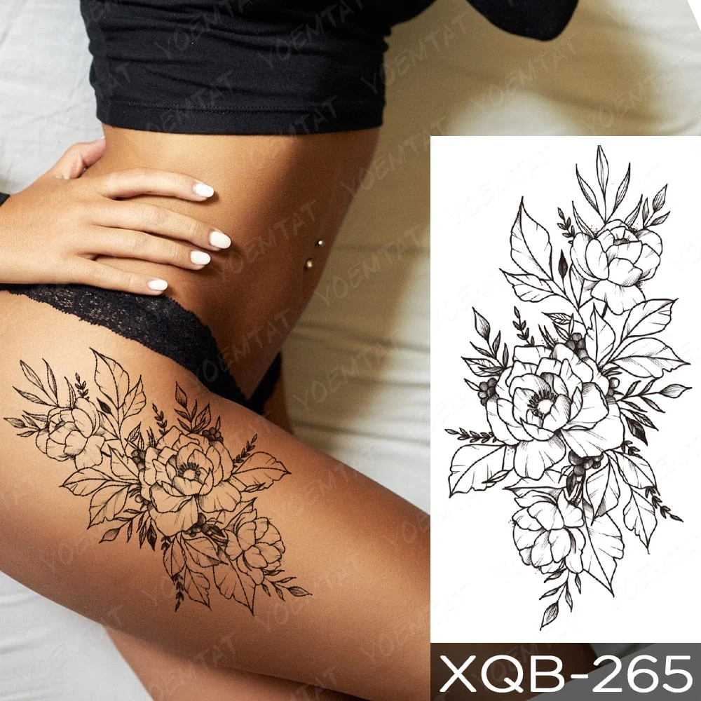 Sexy Black Mandala Flower Temporary Tattoos For Women Girls Henna Tatoos Paper Fake Jewelry String Snake Flower Tattoo For Party