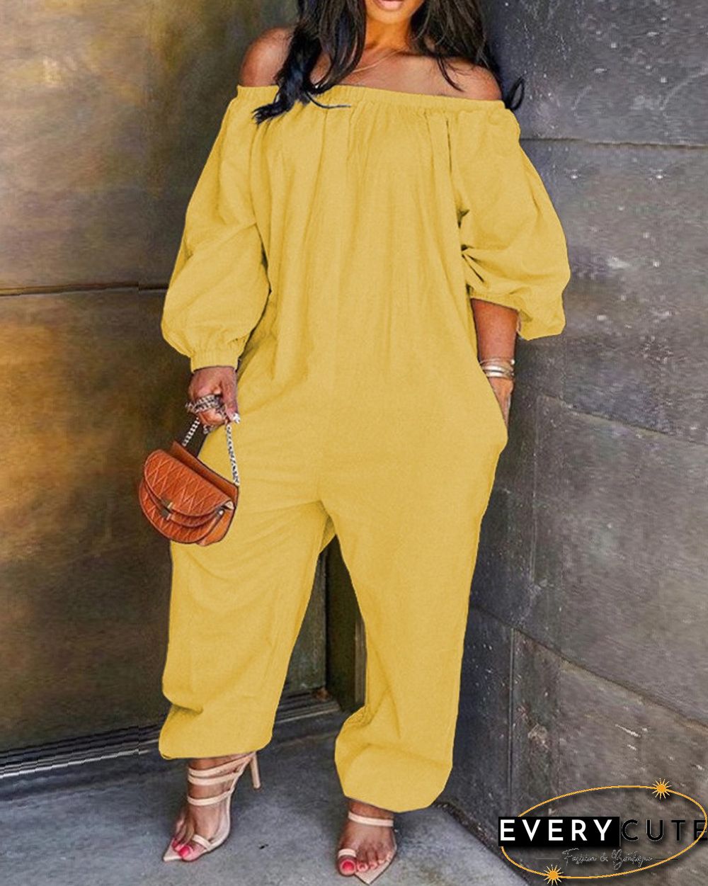 Off Shoulder Solid Lantern Sleeve Jumpsuit