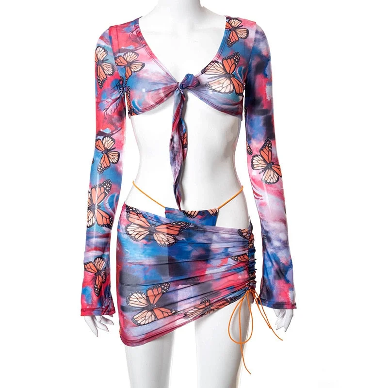 Peachtan Long sleeves bikini set Print swimwear female 2021 Skirts 3 pieces swimsuit women's swimming suit Print bathing suit