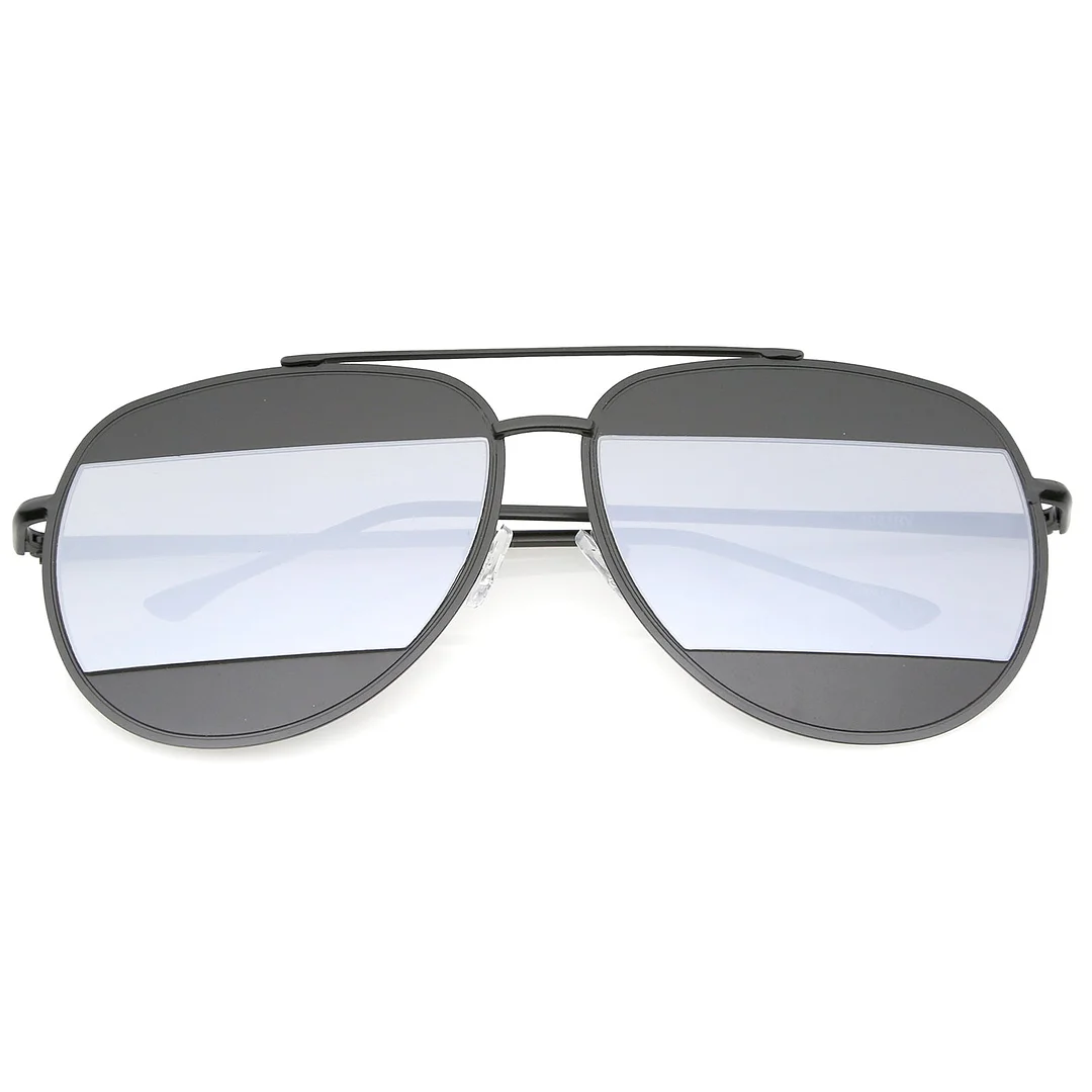 Two-Toned Metal Thin Temple Brow Bar Colored Mirror Split Lens Aviator glasses 57mm