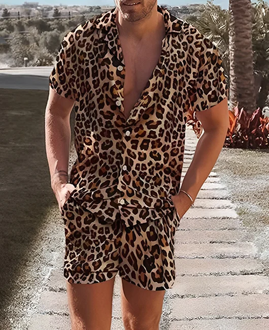 Vacation Casual Leopard Print Short Sleeve Loose Shirt & Shorts 2Pcs Set Okaywear