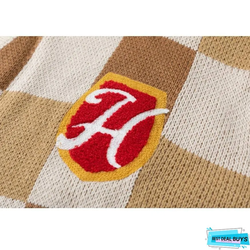 Check Pattern Patchwork Pockets Cardigan Sweater