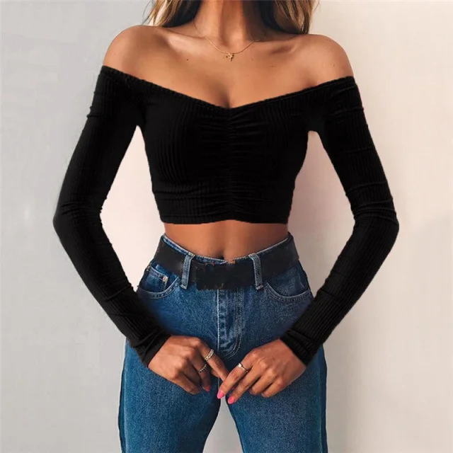 Ueong Ueong 2024 Winter Women's Long Sleeve One Word Shoulder Slim Crop Short T-Shirt A Hair