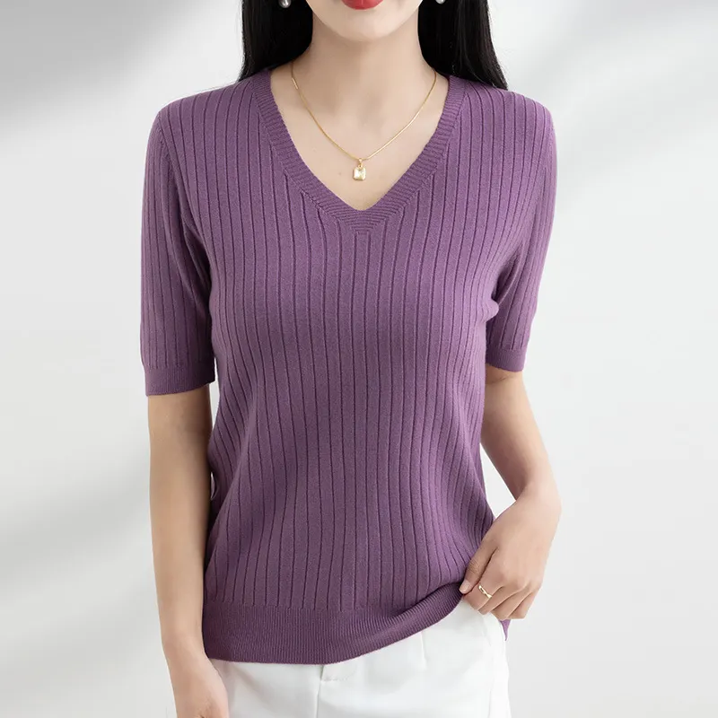 Churchf Churchf The Summer Of 2024, Women's Knit Short Sleeve Korean V-Neck Solid Color T-Shirt And A Pit Top