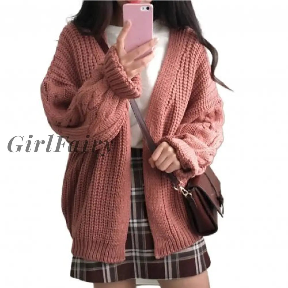Girlfairy Oversized Knit Sweater Autumn Winter Women Long Sleeve Twisted Knitted Coat Open Front