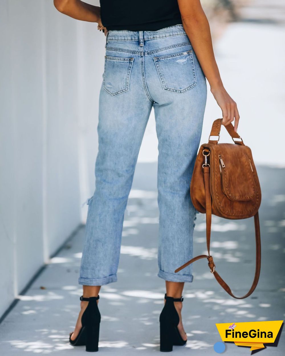 Women Classical Light Color Ripped Jeans