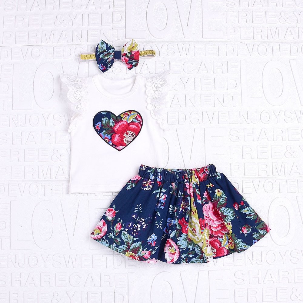 Baby Girl Clothes Floral Print Lace Tops+Print Skirt +Bow HeadbandsClothes Outfits Set