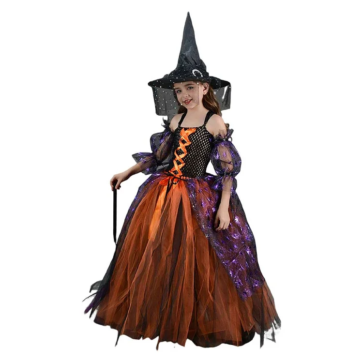 Kids Children Witches Yellow Black Tulle Dress Outfits Costume Stage Performance Carnival Suit Halloween