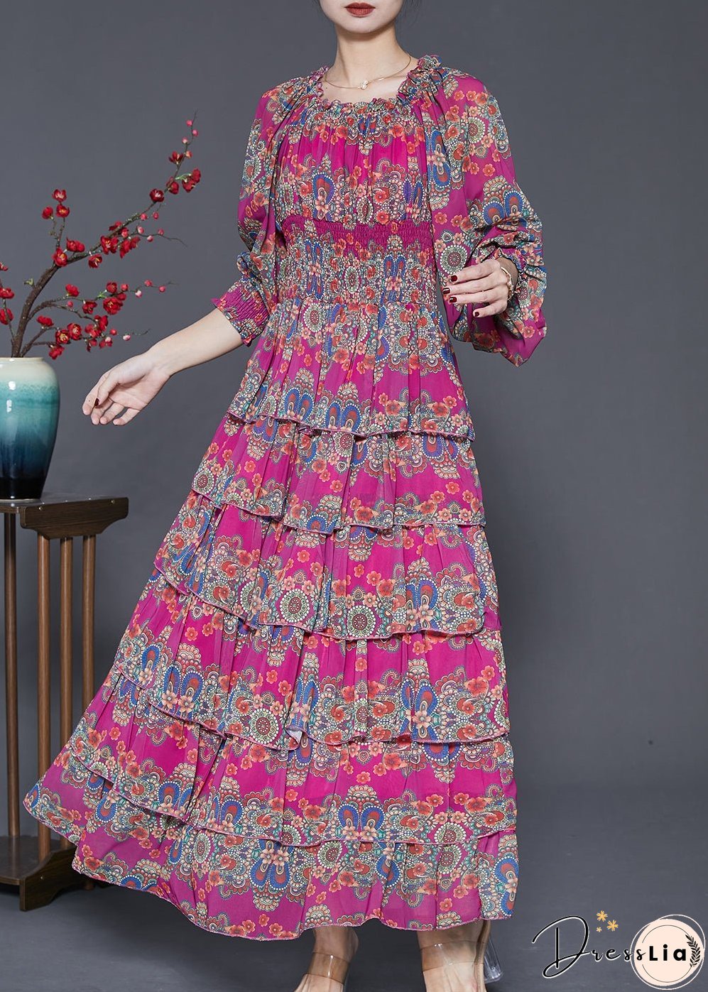 Unique Rose Elastic Waist Print Cotton Maxi Dresses Spring