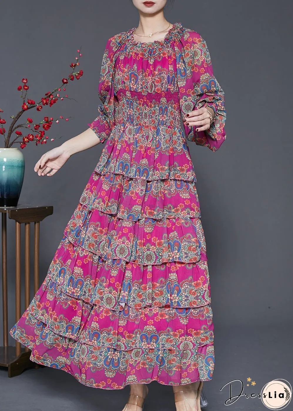 Unique Rose Elastic Waist Print Cotton Maxi Dresses Spring