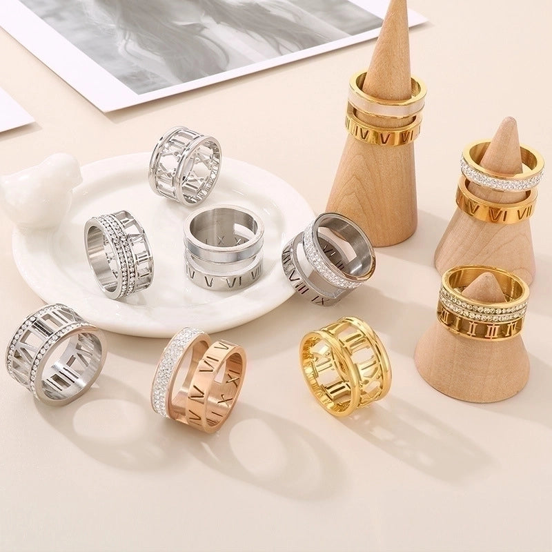 Fashion Geometric Roman Numeral Titanium Steel Rhinestones 18K Gold Plated Plating Inlay Rings
