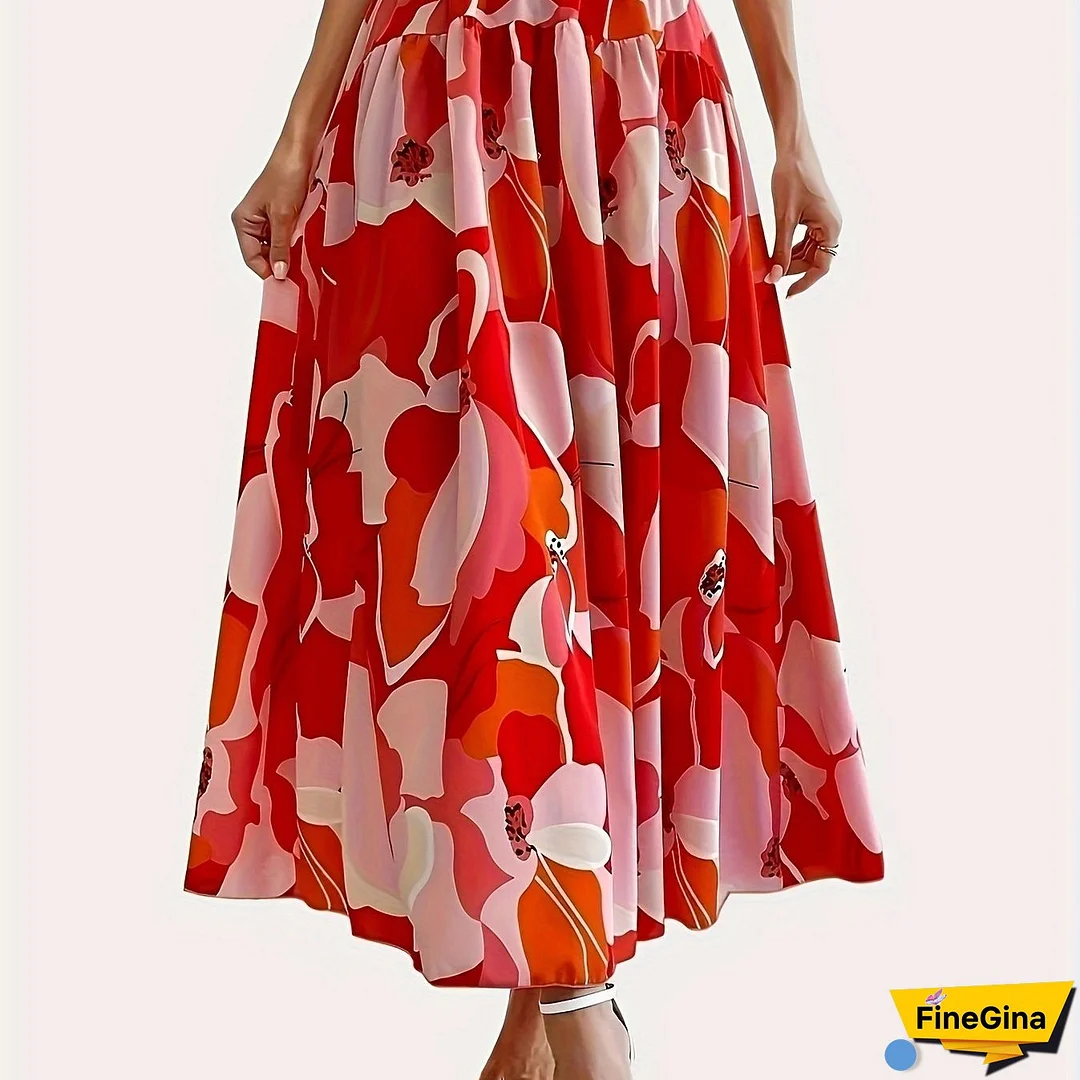 Plus Size Elegant Skirt, Women's Plus Floral Print Elastic High Rise Flowy Maxi Skirt