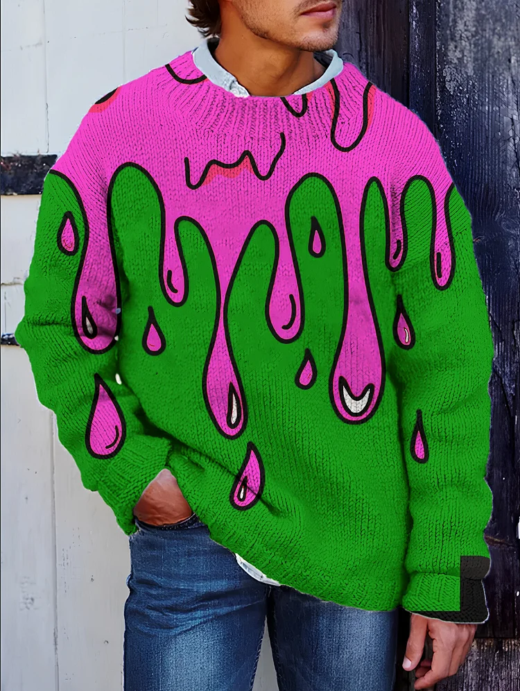 Men's Fun Cartoon Fluid Art Print Knit Sweatshirt
