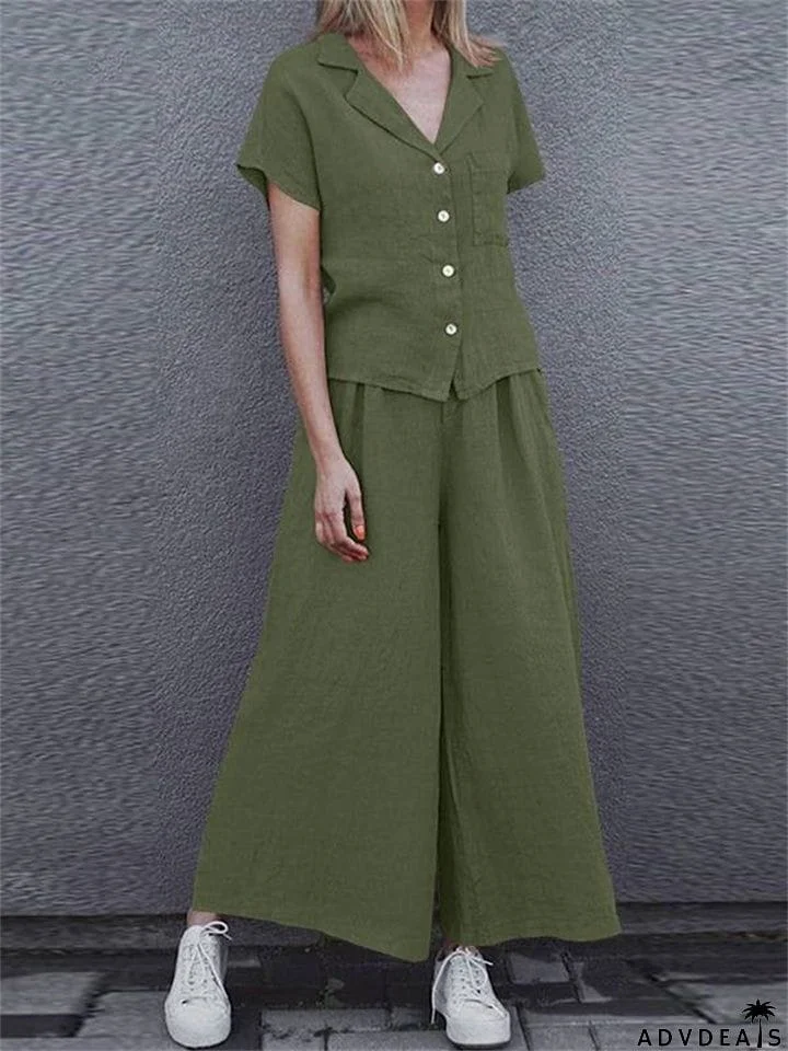 Women's Vintage Cotton Lapel Short Sleeve Shirt and Loose Pants
