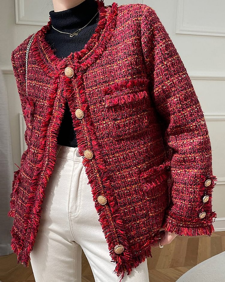 Women's Pocket Red Tweed Jacket Gold Button Tassels