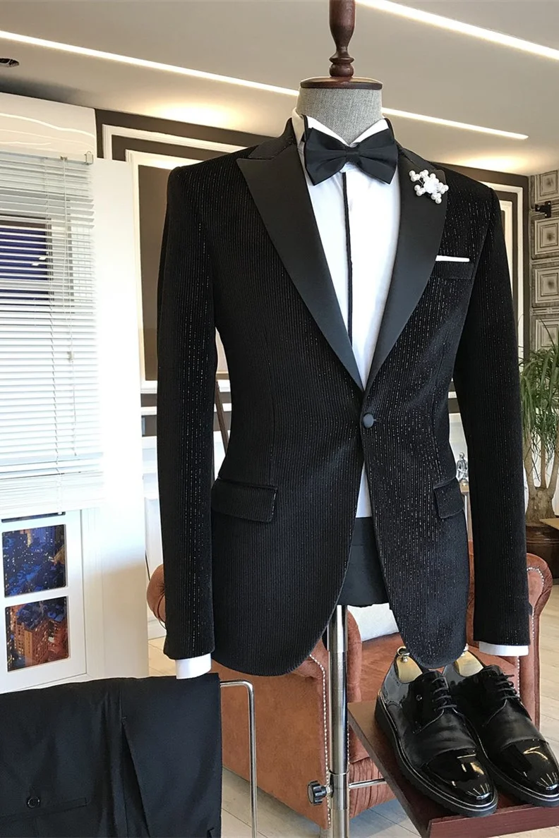 Andrew Fashion Style Black Sparkle Stripes Peaked Lapel Men Suits