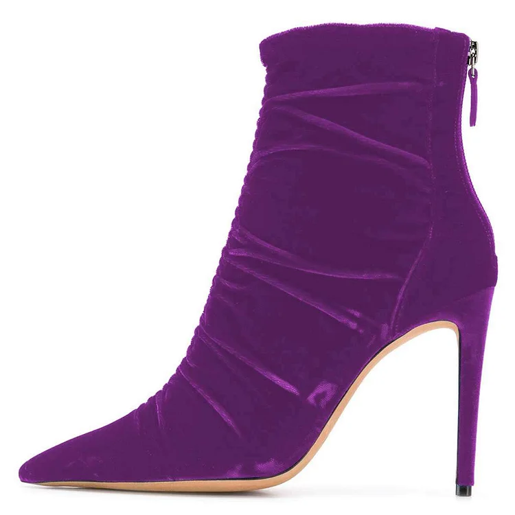 Purple Velvet Stiletto Heel Boots Pointy Toe Ankle Boots |FSJ Shoes