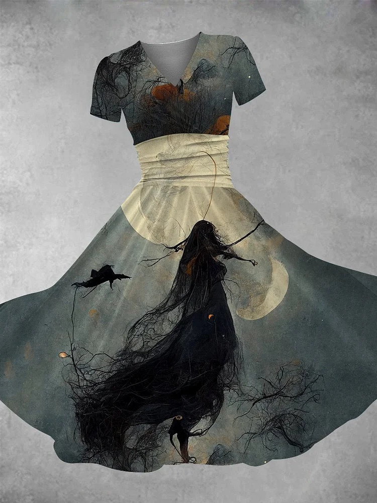 Women's Vintage Halloween Dancing Moon Witch Print Maxi Dress