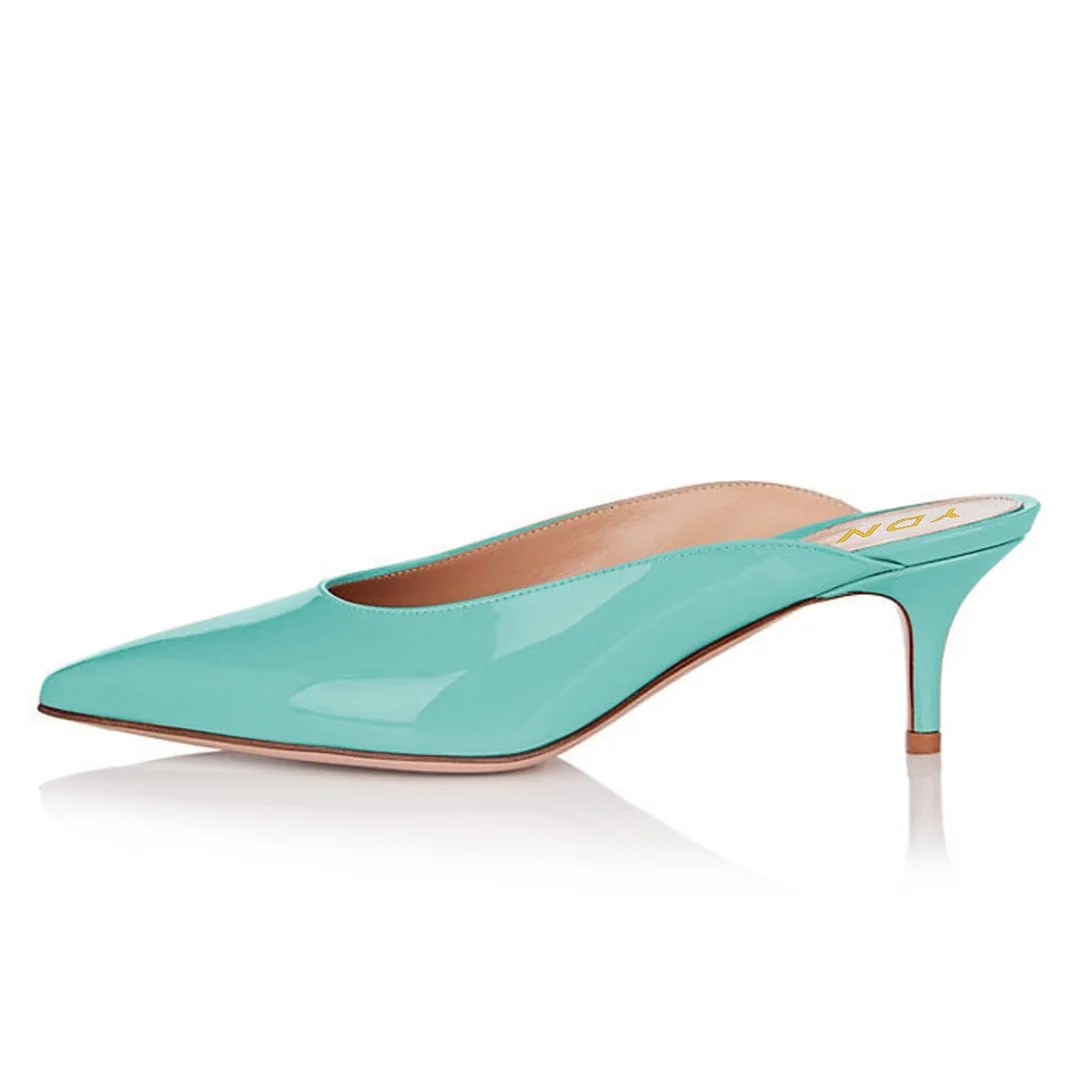 Turquoise Pointed Toe Slip-On Kitten Heel Mules for Women