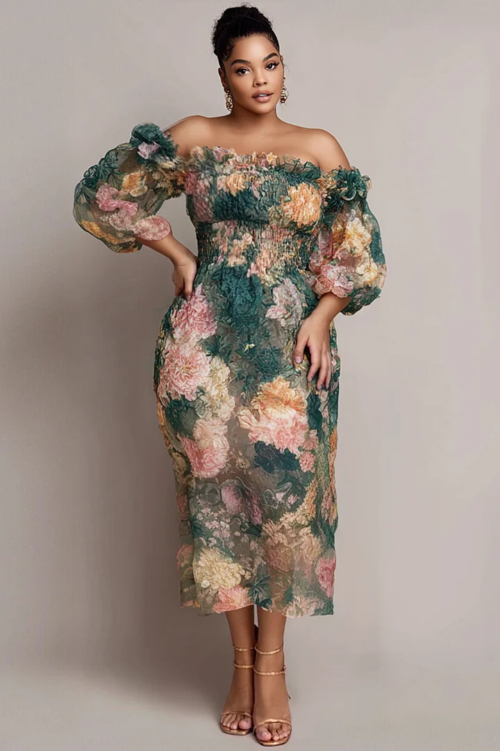 Xpluswear Design Plus Size Wedding Guest Green Floral Off The Shoulder Short Sleeve Smocking Chiffon Midi Dresses 2024 - Xpluswear
