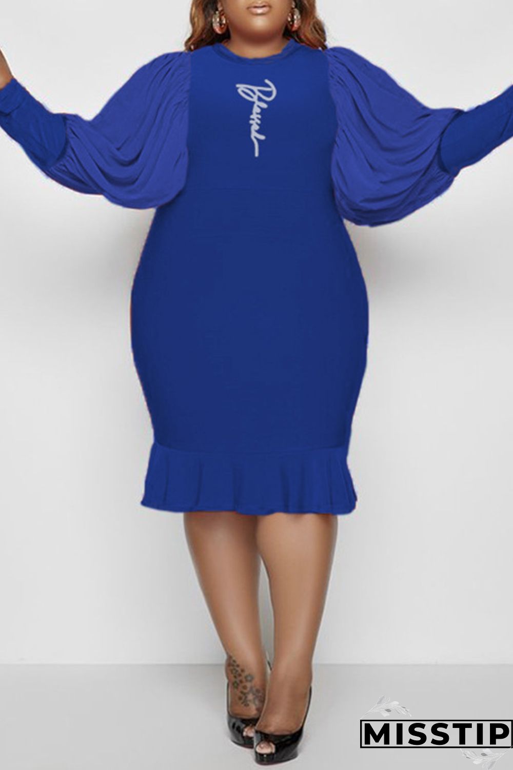 Orange Casual Print Patchwork O Neck Long Sleeve Plus Size Dresses