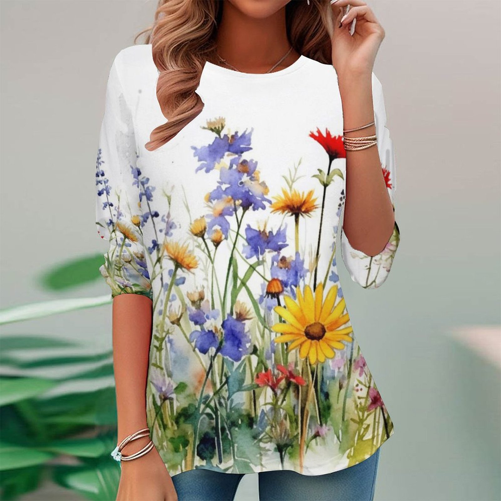 Women Long Sleeve V-neck Graphic Floral Printed Top