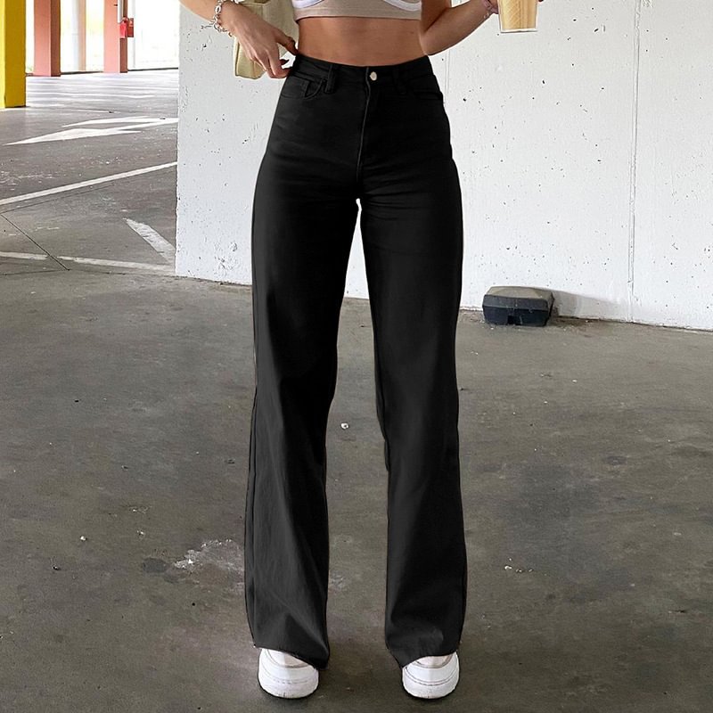 Hot Girl Style Fashion Solid Color Pocket Waist Straight Trousers For Women Jeans