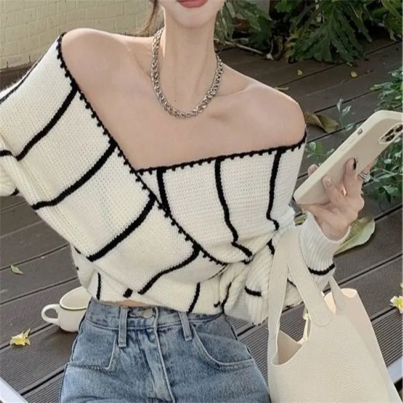 Churchf Churchf Girl Cross One Word Shoulder Striped Top Spring New Chic Retro Sexy Off The Shoulder Long Sleeves Show Skinny Knit