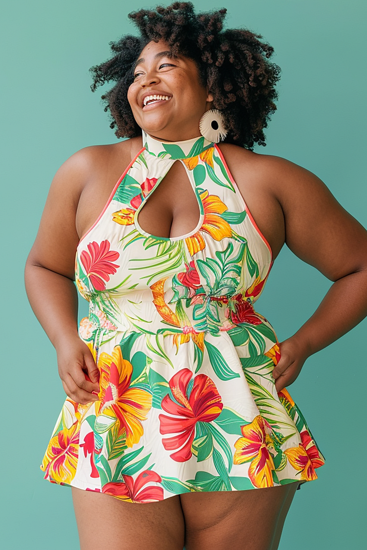Xpluswear Design Plus Size Beach Multicolor Tropical Print Halter Collar Cut Out Swimsuit Fabric Swimwear Dress [Pre-Order]