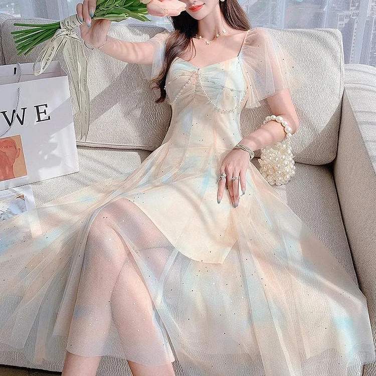 Sweet Pearls Blue Creamy Elegant Princess Sparkle Dress SP17658