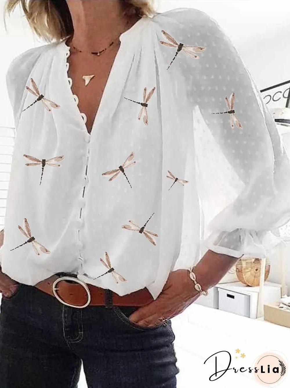 Women Casual Chiffon Floral Long Sleeve V Neck Blouse