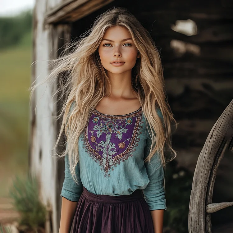 Vintage Floral Tribal Embroidery Art Linen Blend Crew Neck T-shirt