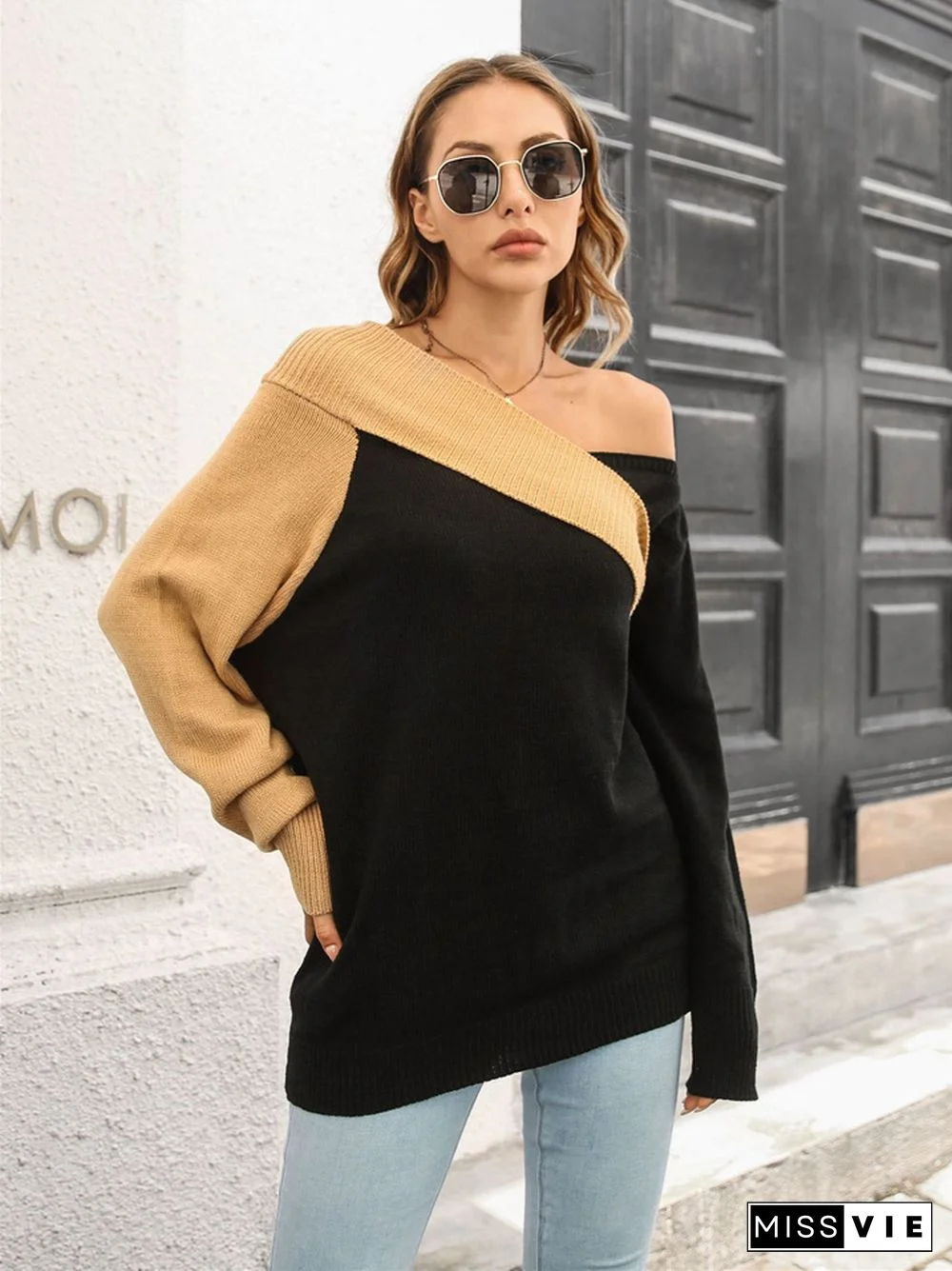 Design Sense of A Word Neck Loose Long Sleeve Knit Sweater