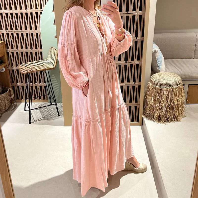 Toloer Toloer Spot 2024 Autumn New Women's Fashion V-Neck Bubble Sleeve Bohemian Cotton Linen Dress-Outfit Ideas