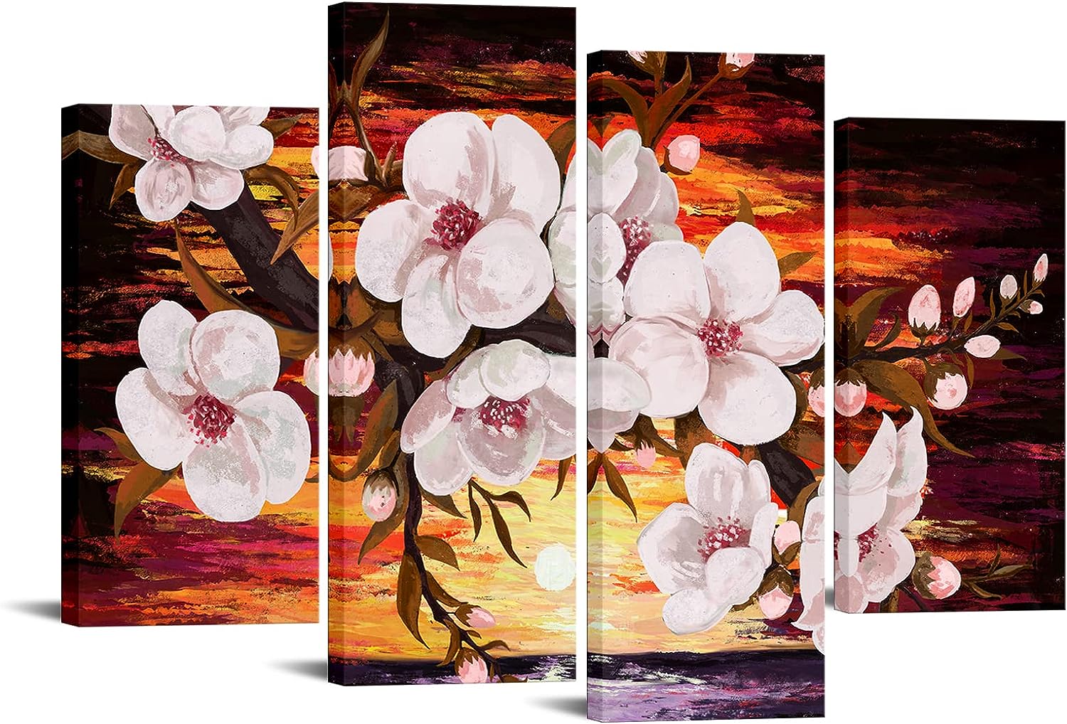 DuoBaorom 4 Panel Vintage Plum Blossom Canvas Wall Art Abstract Floral Full Moon Seascape Landscape Artwork for Living Room Home Decor Stretched and Framed Ready to Hang