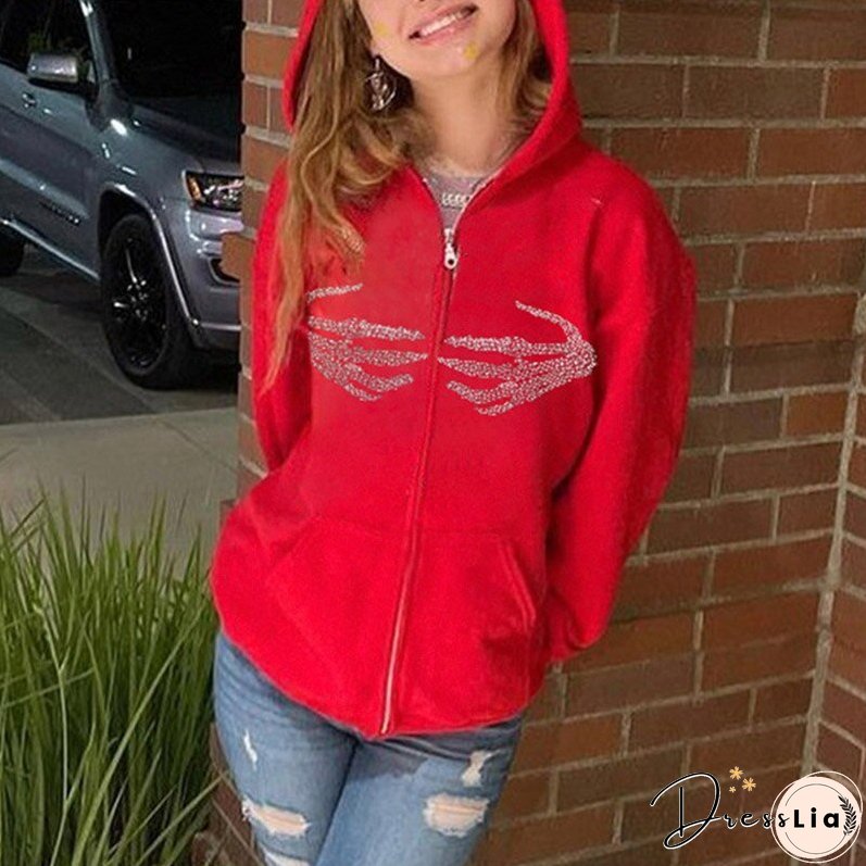 Christmas Gift Goth Skeleton Hand Print Autumn Winter Hoodies Women Zipper Up Harajuku Sweatshirt Gothic Clothes Loose Jacket Coat Hooded