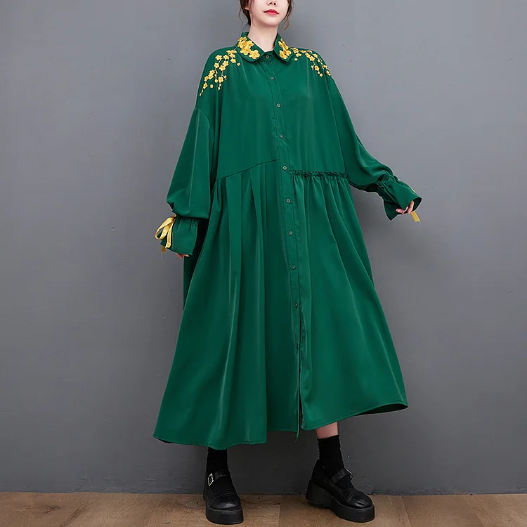 Casual Embroidered Splicing Long Sleeve Midi Dress