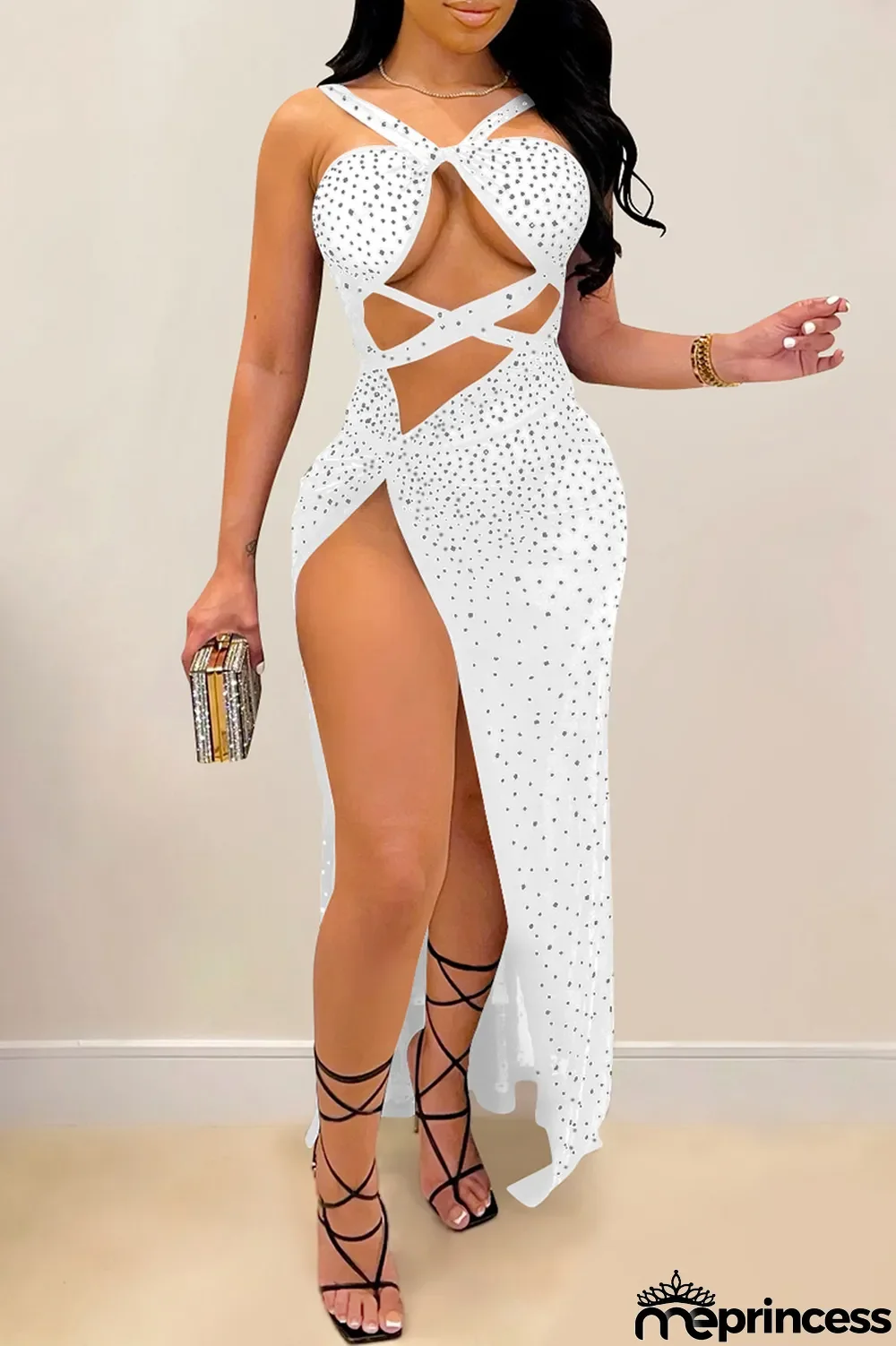 Orange Sexy Hot Drilling Hollowed Out Backless Slit V Neck Sling Dress Dresses