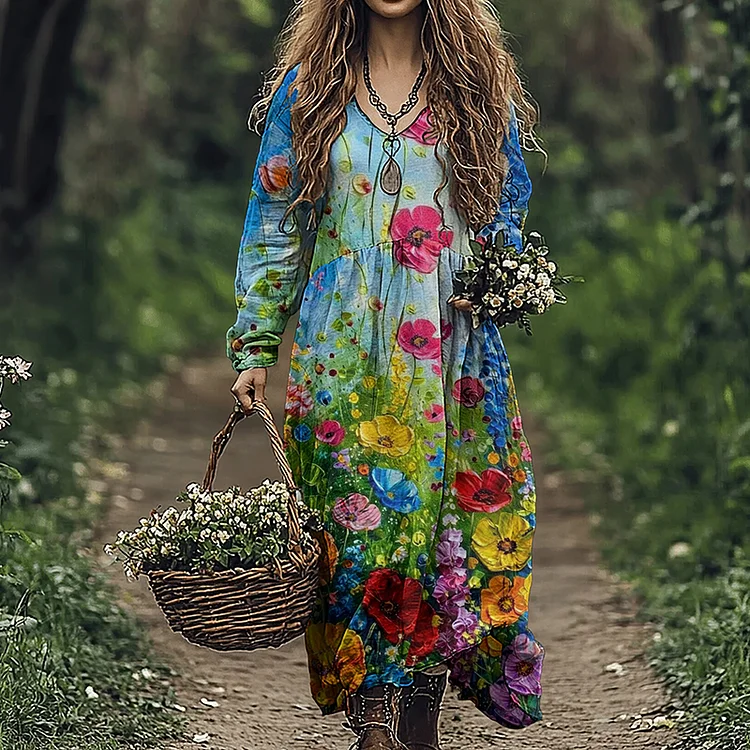 Women's Vintage Flowers Art Linen Blend Maxi Dress