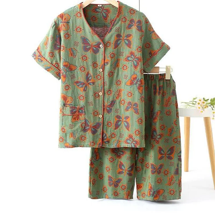 Butterfly Cotton Cropped Pants Loungewear Set Radinnoo.com